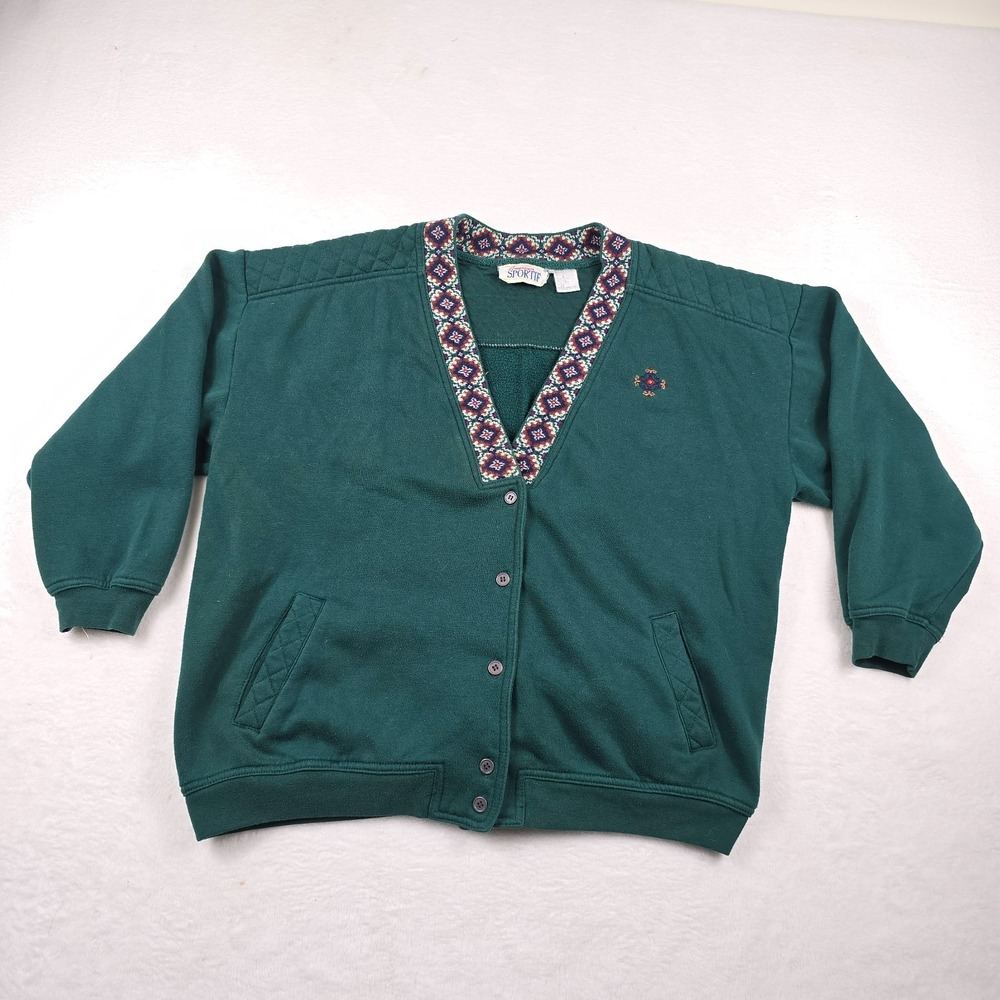 American Sportif Vintage Cardigan Sweater Green Southwestern 90's Women's Large